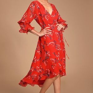 Lulus Red Floral Print Ruffled Wrap Dress
